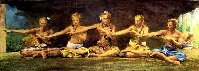 Siva-Tanz mit 5 Tänzern, Vaiala, Samoa, 1890
